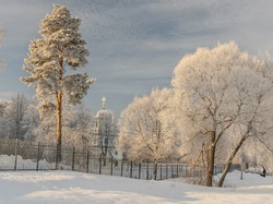 Zima, Drzewa, Ogrodzenie, Cerkiew