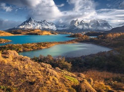 Chile, Cordillera del Paine, Patagonia, Jeziora, Chmury, Góry, Park Narodowy Torres del Paine