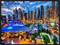 Panorama, Chmur, Marina, Miasta, Nocą, Jachty, Drapacze, Dubaj