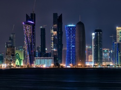 Noc, Chmur, Miasta, Katar, Ad-Dauha, Drapacze, Panorama
