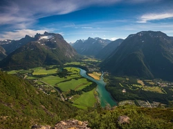 Chmury, Norwegia, Dolina, Rzeka Rauma, Domy, Romsdalen, Góry, Drzewa, Las