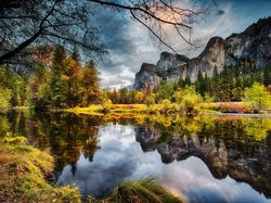 Drzewa, Kalifornia, Park Narodowy Yosemite, Chmury, Odbicie, Góry, Stany Zjednoczone, Rzeka Merced