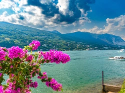 Kwiaty, Niebo, Góra, Włochy, Lago Maggiore, Jezioro, Chmury