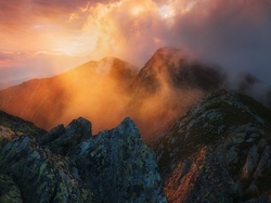 Karpaty, Chmury, Wschód Słońca, Masyw Retezat, Rumunia, Góry