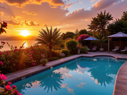 Zachód słońca, Morze, Parasole, Basen, Leżaki, Palmy, Chmury