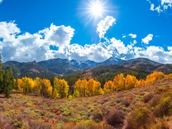 Chmury, Kalifornia, Eastern Sierra, Sonora Pass, Jesień, Promienie słońca, Góry, Stany Zjednoczone, Drzewa