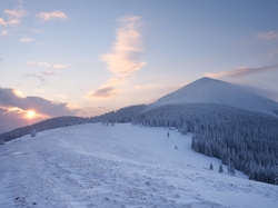 Zima, Chmury, Ukraina, Las, Góry Karpaty, Wschód słońca