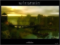wioska, chmury, słońce, most, The Witcher, jezioro