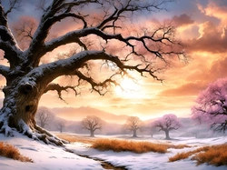 Paintography, Mgła, Wschód słońca, Zima, Góry, Drzewa, Chmury