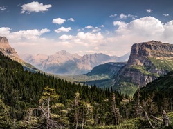 Góry Skaliste, Montana, Stany Zjednoczone, Las, Park Narodowy Glacier, Chmury