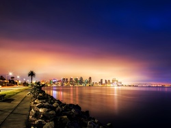 Ławka, San Diego, Morze, Noc, Światła, Wybrzeże, USA, Chodnik