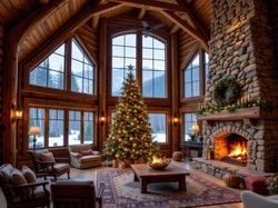 Boże Narodzenie, Fotele, AI, Salon, Kominek, Choinka, Zima, Stolik, Udekorowana, Okna
