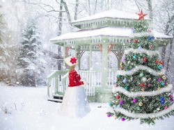 Śnieg, Zima, Drzewa, Altana, Dziewczynka, Boże Narodzenie, Choinka