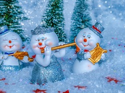 Śnieg, Trzy, Bałwanki, Gwiazdki, Świąteczne, Instrumenty, Figurki, Choinki
