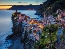 Noc, Cinque Terre, Morze, Domy, Vernazza, Włochy, Góry