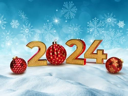 Śnieg, Nowy Rok, Cyfry, Bombki, 2024, Śnieżynki