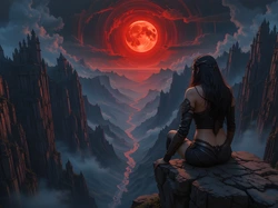 Księżyc, Skały, Rzeka, Kobieta, Fantasy, Góry, Wojowniczka, Czerwony