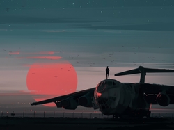 Człowiek, Samolot, Paintography, Zachód słońca