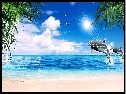 Delfiny, Niebo, Błękitne, Morze