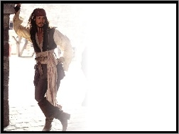 Johnny Depp, mur, tło, białe, Piraci Z Karaibów