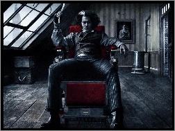 Johnny Depp, siedzi, fotel, poddasze, Sweeney Todd, pokój