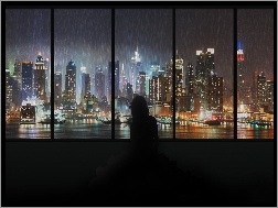 Deszcz, Wieżowce, Manhattan, Okna