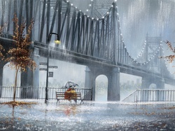 Deszcz, Zakochani, Most, Obraz, Parasol