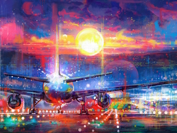 Pas startowy, Grafika, Digital art, Słońce, Samolot