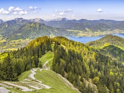 Lasy, Bawaria, Tegernsee, Góry, Drzewa, Jezioro Tegernsee, Alpy, Niemcy, Dolina