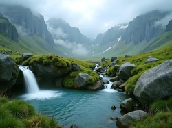 Góry, Rzeka, Trawa, Dolina, Kamienie, Grafika AI