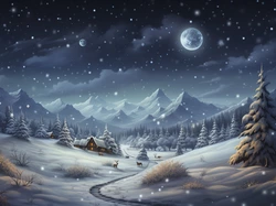 Góry, Zima, Księżyc, Dom, Noc, Grafika