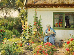 Malarstwo, Babcia, Ogród, Obraz, Peder Monsted, Kwiaty, Kobieta, Dom
