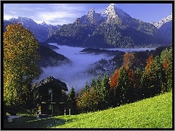 Domek, Mgła, Niemcy, Bavaria, Góry