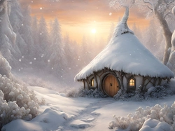 Śnieg, Domek, Hobbita, 2D, Zima