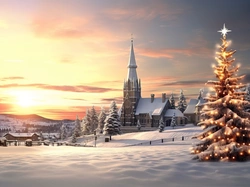 Drzewa, Zima, Choinka, Domy, Kościół, Boże Narodzenie