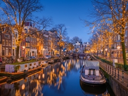 Oświetlenie, Domy, Kanał, Amsterdam, Holandia, Łódki, Ulica, Lampa