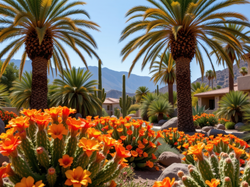 Pomarańczowe, Kwiaty, Palmy, Domy