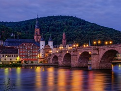 Kościół, Most, Rzeka Neckar, Niemcy, Heidelberg, Góra, Domy