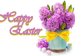 Kwiaty, Żółta, Doniczka, Hiacynty, Napis, Happy Easter, Tło, Kokarda, Wielkanoc, Pisanki