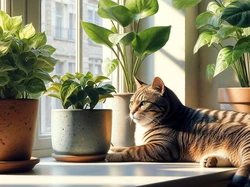 Kot, Okno, Rośliny, Doniczki