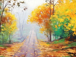 Droga, Jesień, Obraz, Reprodukcja, Drzewa