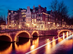 Światła, Amsterdam, Domy, Most, Rzeka Amstel, Holandia, Drzewa