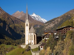 Drzewa, Kościół, Góry, Austria, Domy