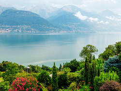Włochy, Drzewa, Lombardia, Kwiaty, Ogród, Góry, Jezioro Como
