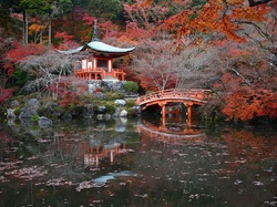 Drzewa, Świątynia Benten-do, Mostek, Kioto, Japonia, Staw, Kompleks świątynny Daigo-ji, Jesień