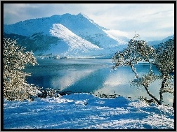 Drzewa, Jezioro, Góry, Śnieg