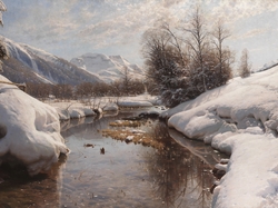 Zima, Obraz, Góry, Rzeka, Peder Mork Monsted, Malarstwo, Drzewa