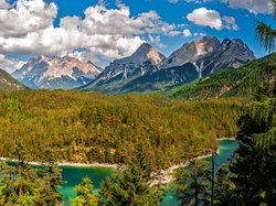 Chmury, Alpy, Jezioro Blindsee, Tyrol, Austria, Lasy, Góry, Drzewa
