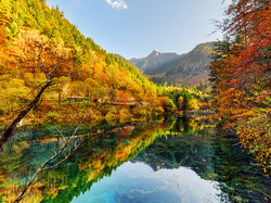 Jesień, Chiny, Jezioro, Góry, Park Narodowy Jiuzhaigou, Drzewa