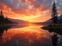 Zachód słońca, Jezioro, Drzewa, Grafika AI, Góry